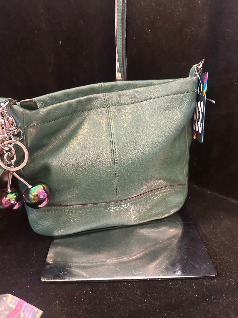 Coach#339 Green Leather Medium Shoulder Bag with Charm Accents